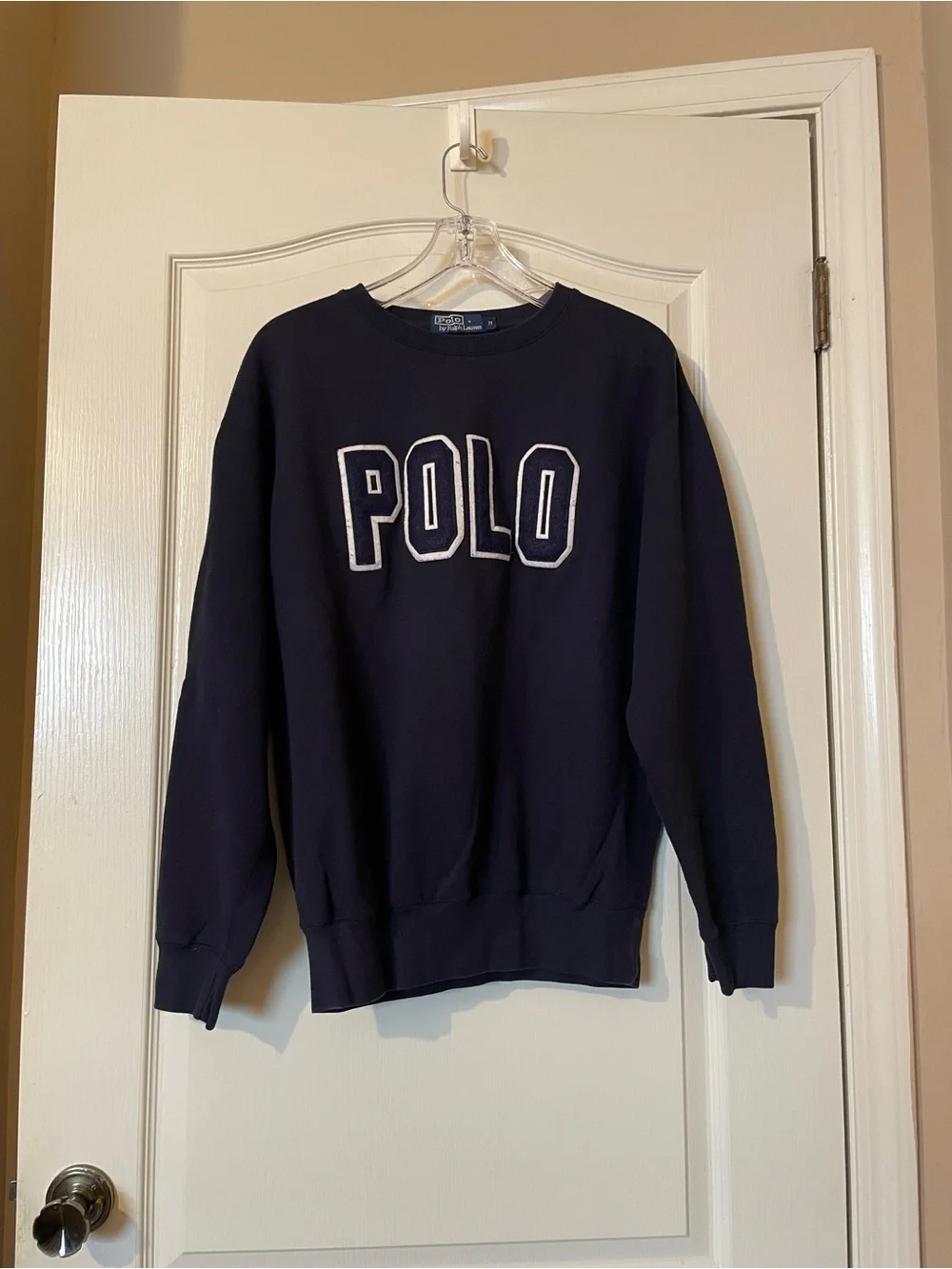 VTG Polo Ralph Lauren Mens Size M Crewneck Sweatshirt Navy Blue POLO Spell Out